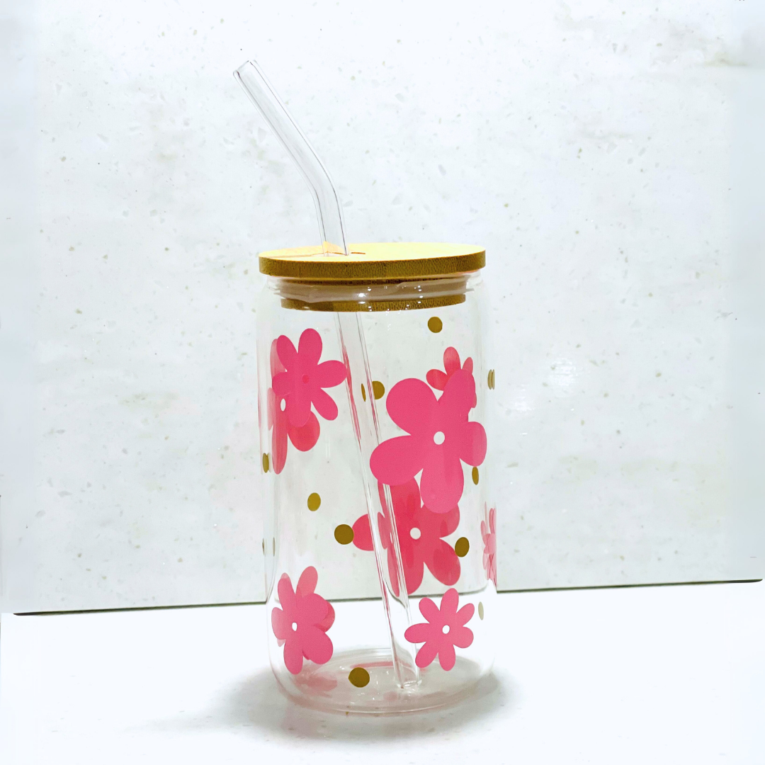 Pink Flowers Glass Cup