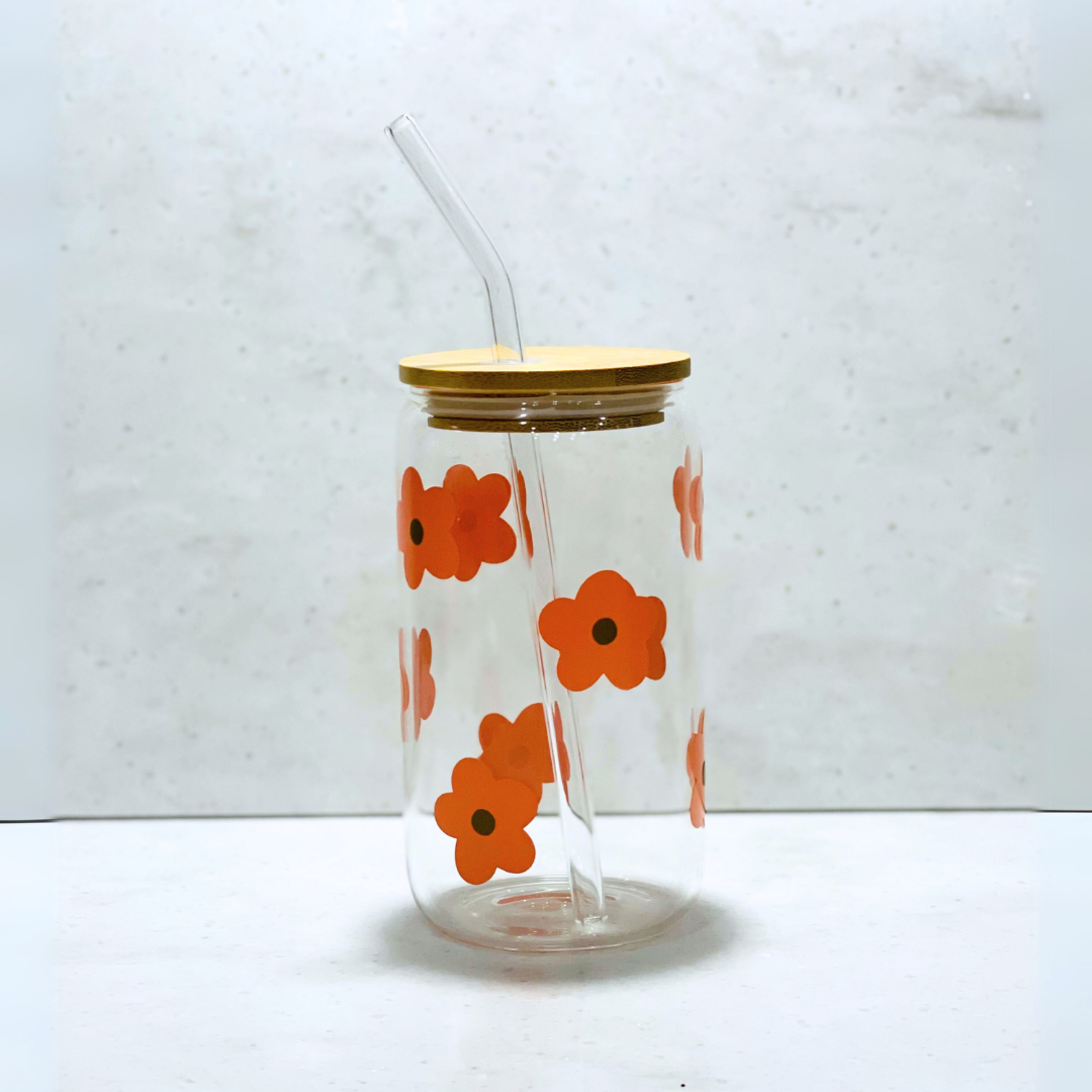 Orange Flowers Glass Cup