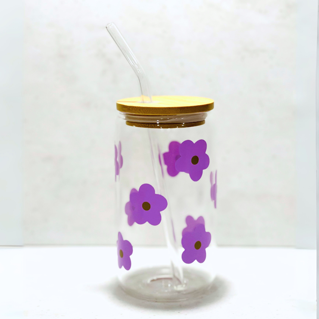 Purple Flowers Glass Cup